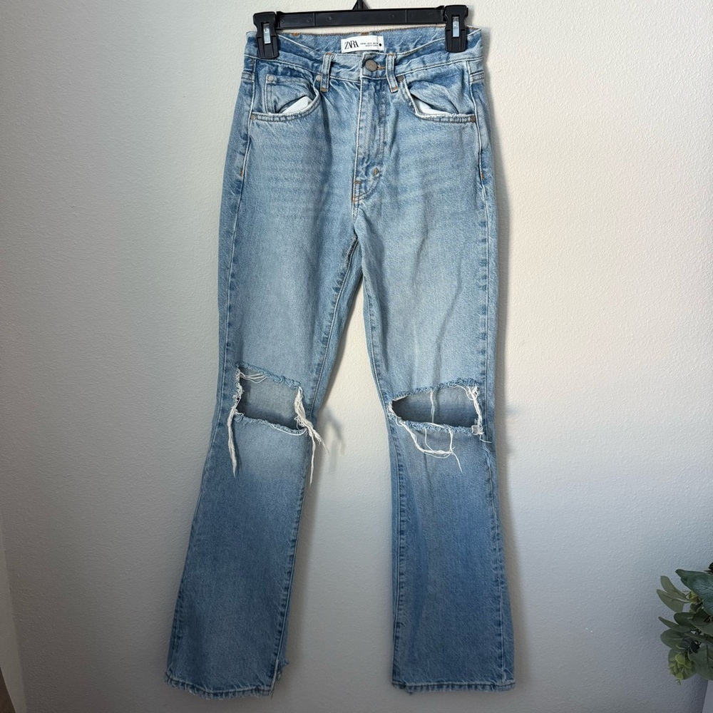 Zara Women's Blue Distressed Flare Jeans